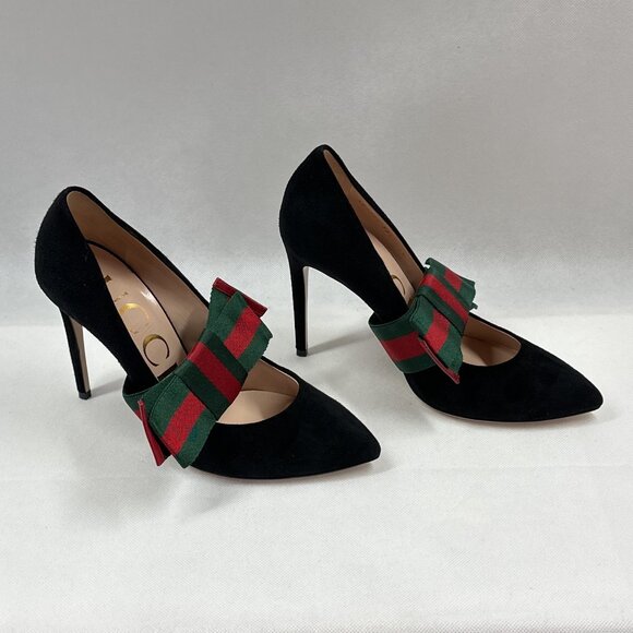 NIB Authentic Gucci Sylvie Black Suede Pumps with Green & Red Stripe Web Bow - Picture 9 of 15